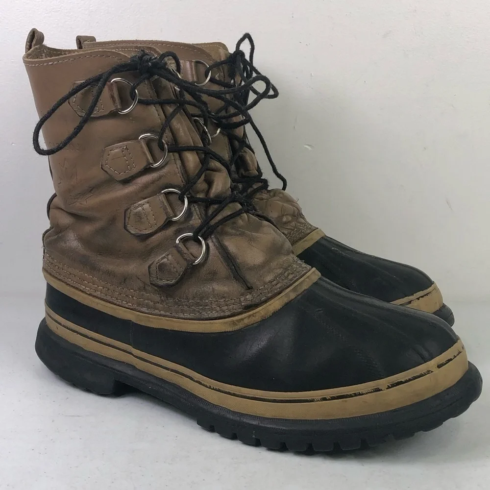 Sorel Caribou Tan Black Leather Rubber Lace Up Boots